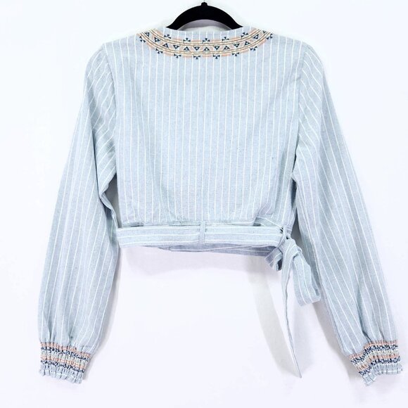 Miss Me Embroidered Linen Wrap Top Size Large Striped Crop Waist Tie Chambray - Picture 2 of 16